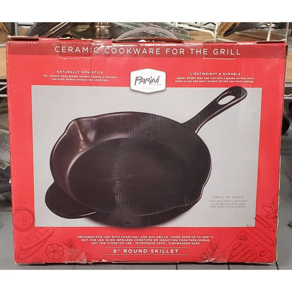 Parini Cookware Skillet Glazed Ceramic 8” Round For Grill Or Oven Lightweight